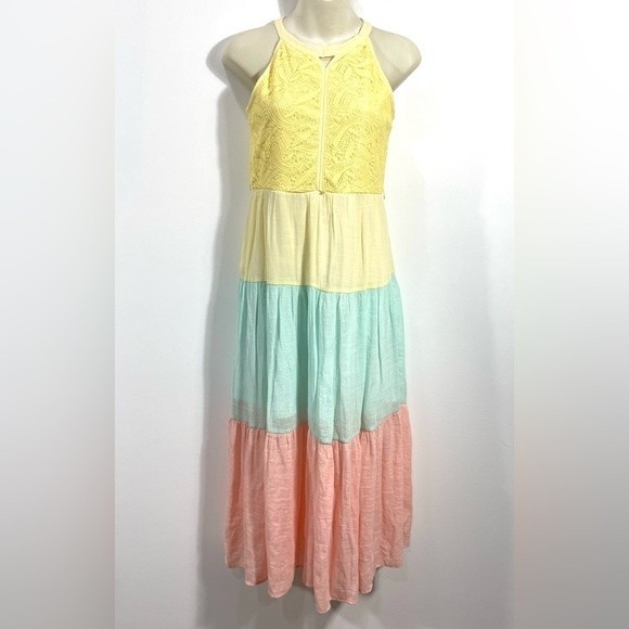 Amy Byer Girls Halter Neck Mixed Media Colorblock Maxi With Belt - Size 14 - Picture 3 of 11